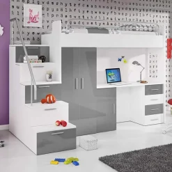 Garnero Arredamenti Camerette A Ponte-Cameretta 254x120cm 1 letto soppalco bianco grigio lucido Simone Gihome® Bianco Lucido - Grigio