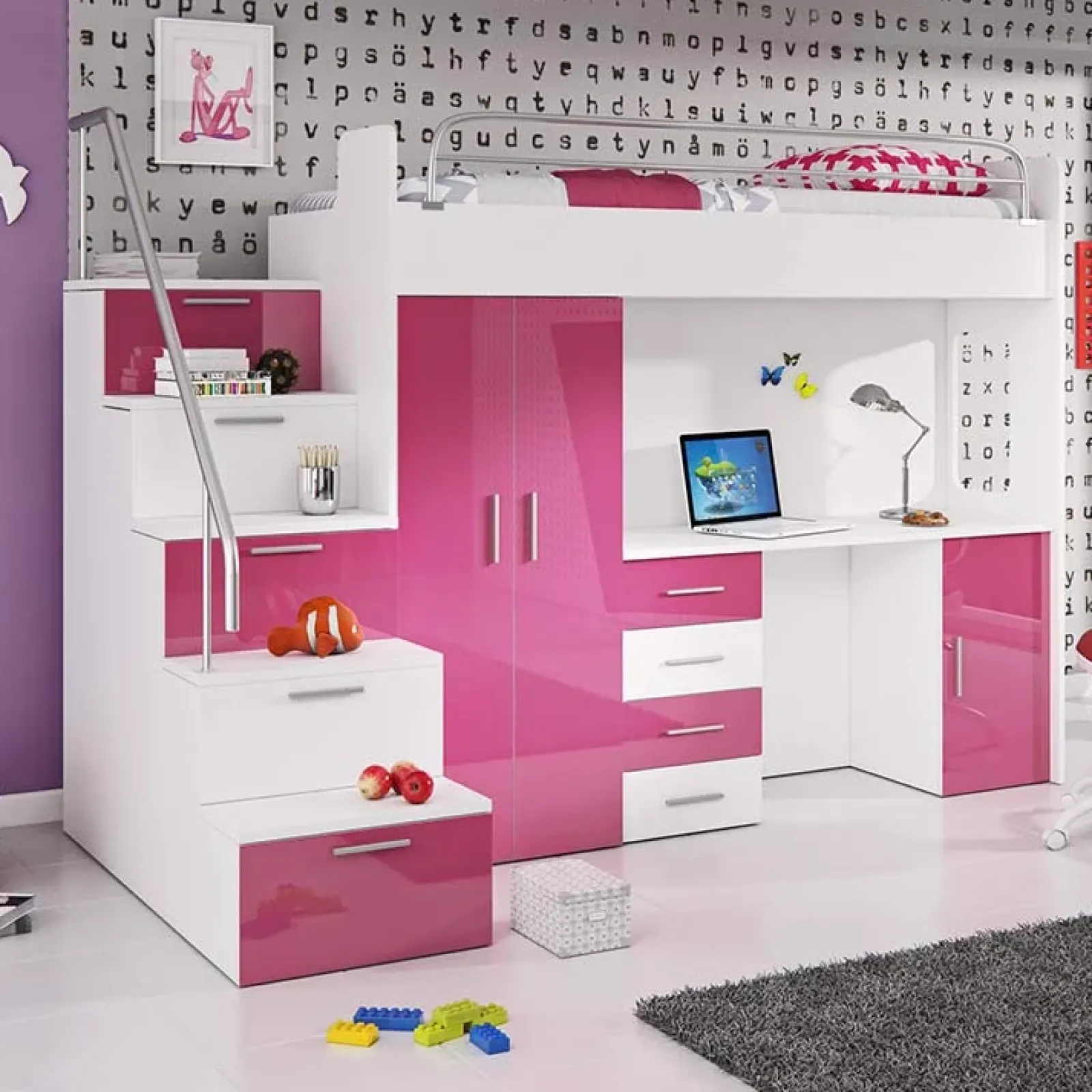 Garnero Arredamenti Camerette A Ponte-Cameretta 254x120cm 1 letto soppalco bambini bianco rosa lucido Simone Gihome® Bianco Lucido - Rosa