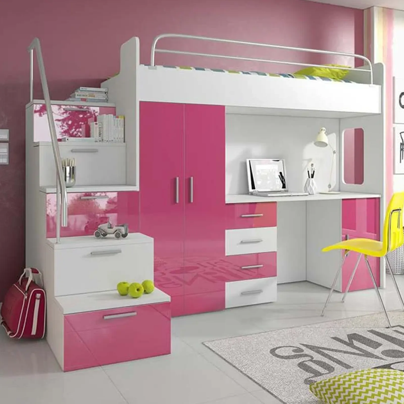 Garnero Arredamenti Camerette A Ponte-Cameretta 254x120cm 1 letto soppalco bambini bianco rosa lucido Simone Gihome® Bianco Lucido - Rosa