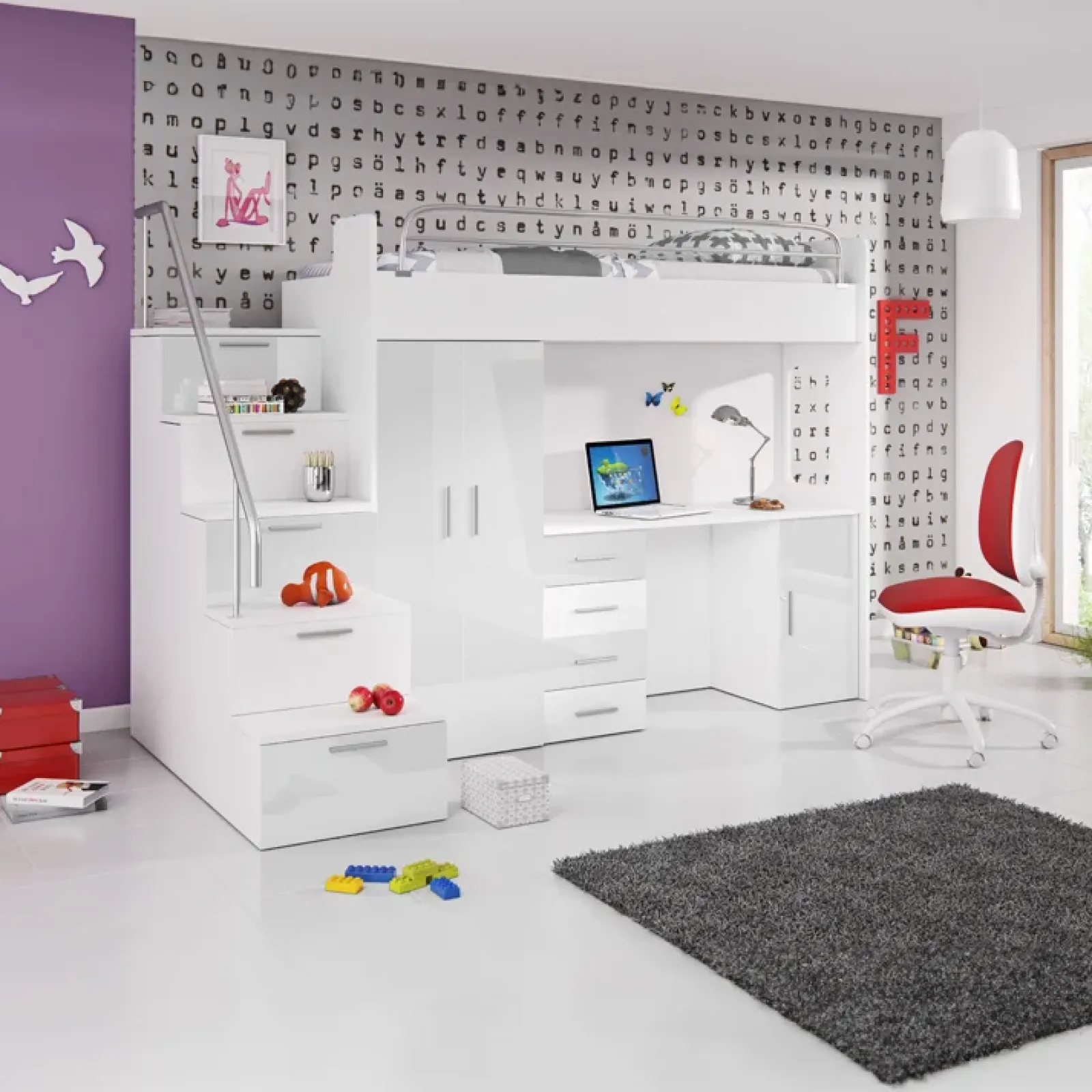 Garnero Arredamenti Camerette A Ponte-Cameretta 254x120cm 1 letto soppalco Simone Gihome® Bianco Lucido