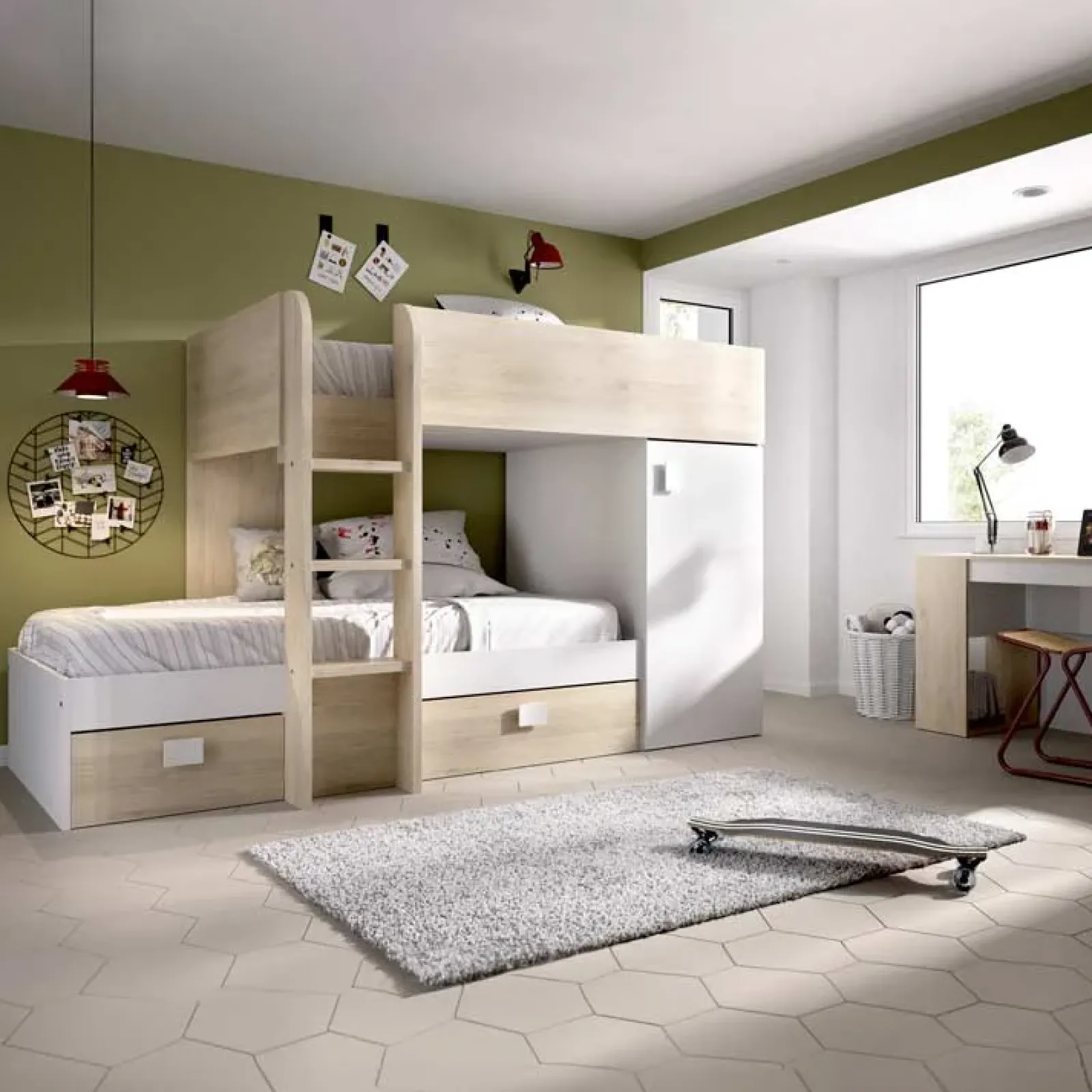 Garnero Arredamenti Camerette In Legno|Camerette A Ponte-Cameretta 255x112cm bambini 2 letti reversibile rovere bianco a soppalco Sole Bianco Opaco - Rovere
