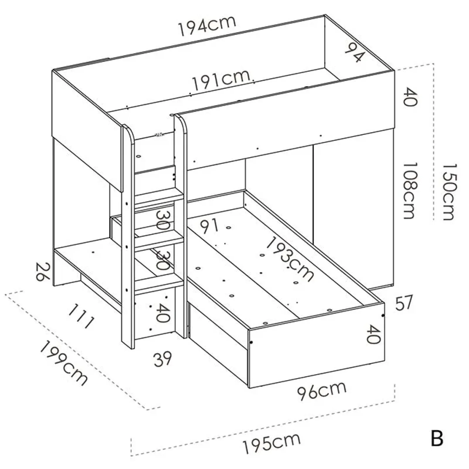 Garnero Arredamenti Camerette In Legno|Camerette A Ponte-Cameretta 255x112cm bambini 2 letti reversibile rovere bianco a soppalco Sole Bianco Opaco - Rovere