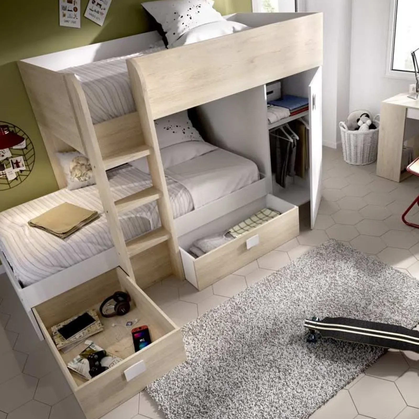 Garnero Arredamenti Camerette In Legno|Camerette A Ponte-Cameretta 255x112cm bambini 2 letti reversibile rovere bianco a soppalco Sole Bianco Opaco - Rovere