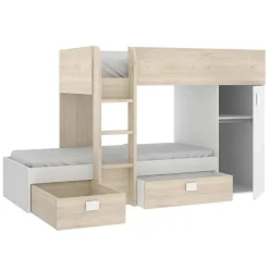 Garnero Arredamenti Camerette In Legno|Camerette A Ponte-Cameretta 255x112cm bambini 2 letti reversibile rovere bianco a soppalco Sole Bianco Opaco - Rovere