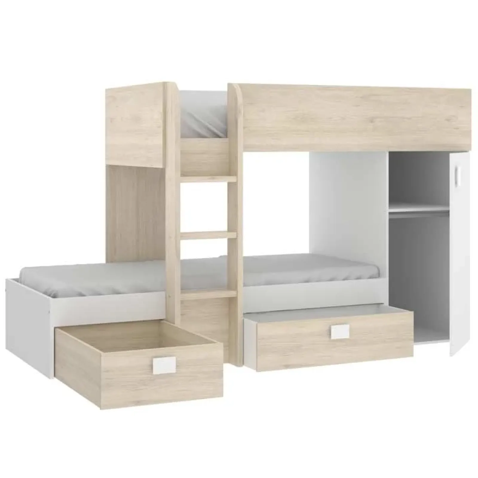 Garnero Arredamenti Camerette In Legno|Camerette A Ponte-Cameretta 255x112cm bambini 2 letti reversibile rovere bianco a soppalco Sole Bianco Opaco - Rovere