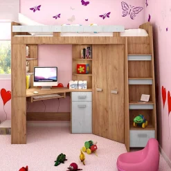 Garnero Arredamenti Camerette Colorate|Camerette In Legno-Cameretta 204x120cm bambini completa destra 1 letto singolo rovere miele bianco frassinato Dollie Gihome® Rovere Rustico - Bianco Frassinato