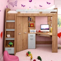Garnero Arredamenti Camerette Colorate|Camerette In Legno-Cameretta 204x120cm bambini completa sinistra 1 letto singolo rovere miele bianco frassinato Dollie Gihome® Rovere Rustico - Bianco Frassinato