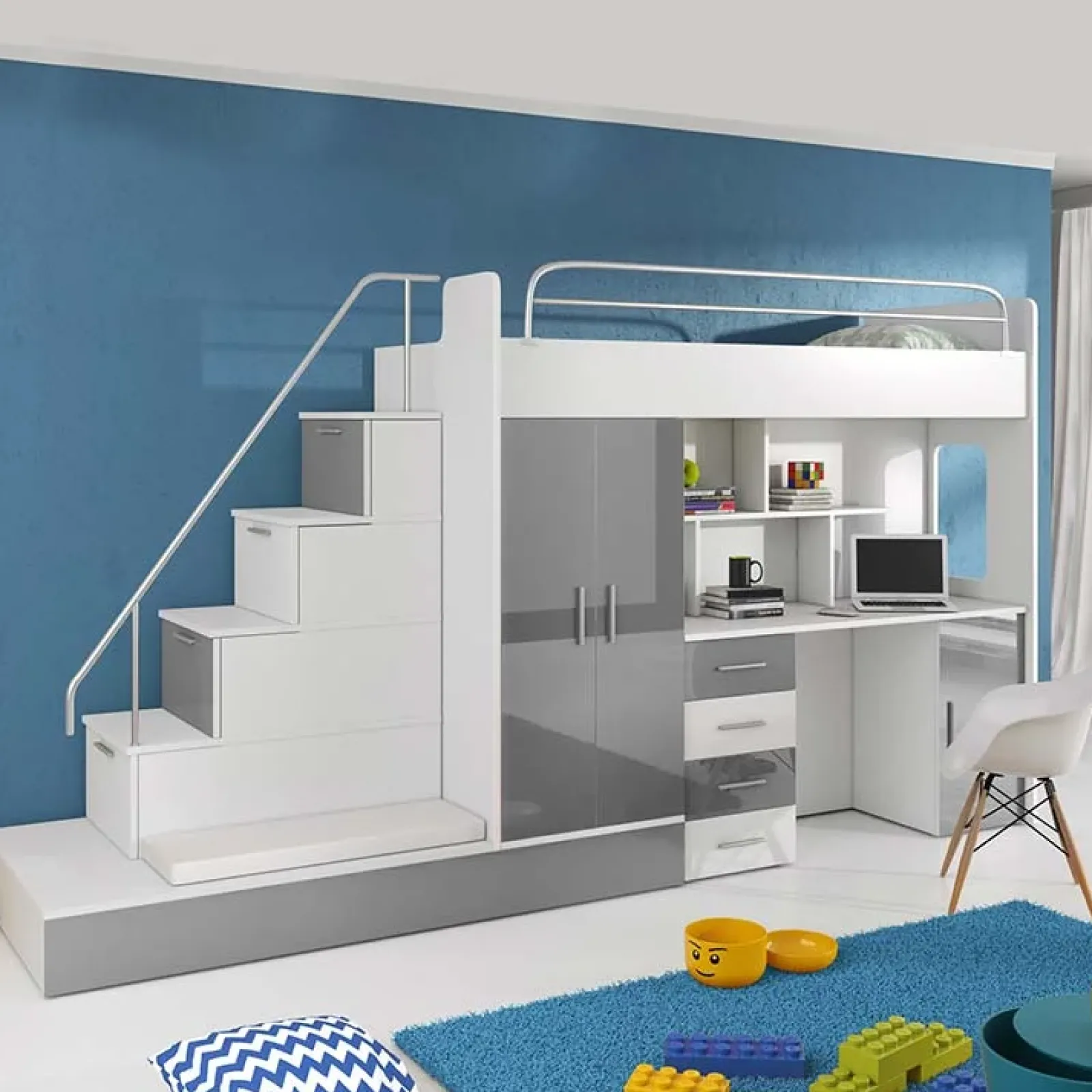 Garnero Arredamenti Camerette Colorate|Camerette A Ponte-Cameretta 324x86cm completa 2 letti singoli bianco grigio Diego Gihome® Bianco Lucido - Grigio