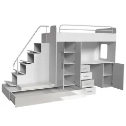 Garnero Arredamenti Camerette Colorate|Camerette A Ponte-Cameretta 324x86cm completa 2 letti singoli bianco grigio Diego Gihome® Bianco Lucido - Grigio