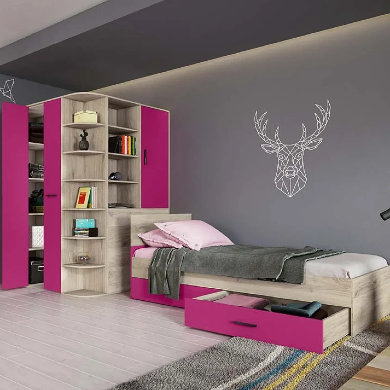 Garnero Arredamenti Camerette Colorate-Cameretta 352x124cm con cabina armadio rovere fucsia Fabio Gihome® Fucsia - Rovere