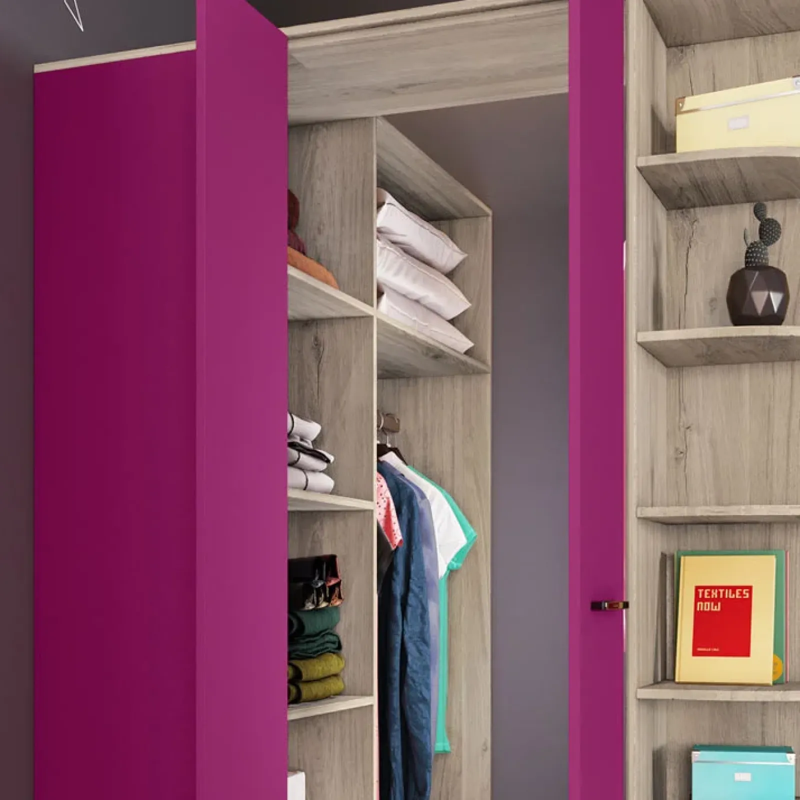 Garnero Arredamenti Camerette Colorate-Cameretta 352x124cm con cabina armadio rovere fucsia Fabio Gihome® Fucsia - Rovere