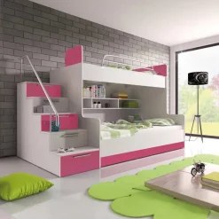 Garnero Arredamenti Camerette A Ponte-Cameretta 254x120cm con soppalco 2 letti singoli bianca rosa Enrico Gihome® Bianco Lucido - Rosa