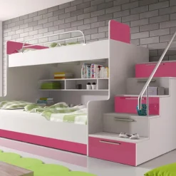 Garnero Arredamenti Camerette A Ponte-Cameretta 254x120cm con soppalco 2 letti singoli bianca rosa Enrico Gihome® Bianco Lucido - Rosa
