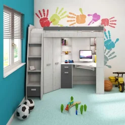 Garnero Arredamenti Camerette In Legno|Camerette A Ponte-Cameretta 204x120cm sinistra bambini completa 1 letto singolo bianco pino grafite Dollie Gihome® Grafite - Bianco Frassinato