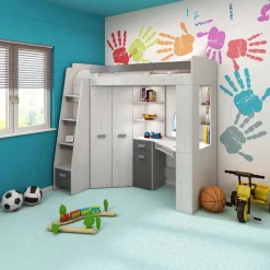 Garnero Arredamenti Camerette In Legno|Camerette A Ponte-Cameretta 204x120cm sinistra bambini completa 1 letto singolo bianco pino grafite Dollie Gihome® Grafite - Bianco Frassinato