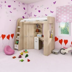 Garnero Arredamenti Camerette Colorate|Camerette In Legno-Cameretta 204x120cm sinistra completa 1 letto singolo rovere bianco Dollie Gihome® Rovere - Bianco