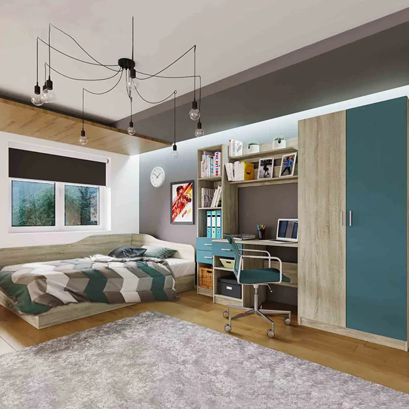 Garnero Arredamenti Camerette Colorate|Camerette In Legno-Cameretta per bambini completa con letto 120x190 cm rovere blu petrolio Alex Gihome®