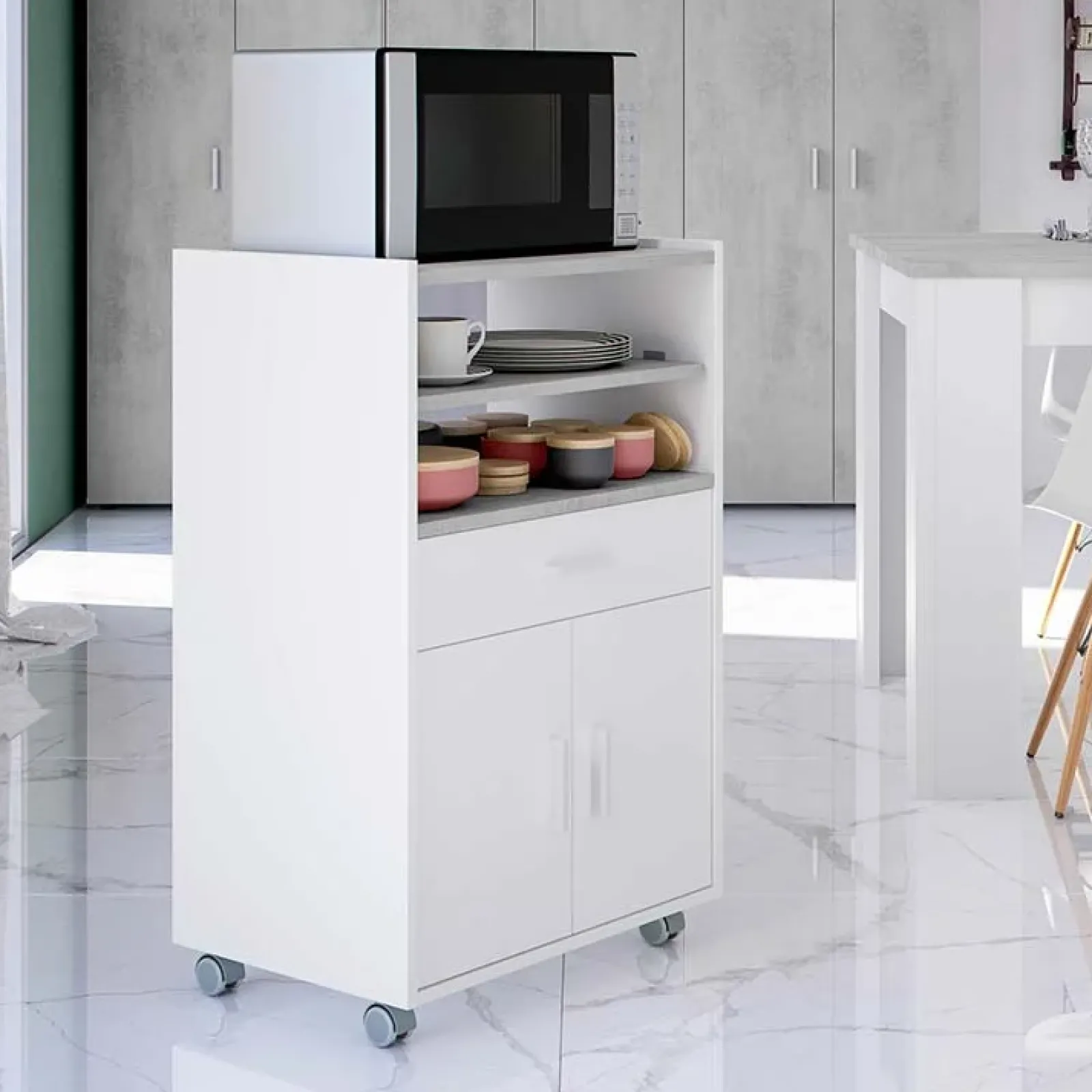 Garnero Arredamenti Scaffali E Dispense-Carrello da cucina 59x92h cm con ruote bianco opaco cemento Comer