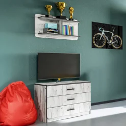 Garnero Arredamenti Comò Cameretta|Comò-Cassettiera con scaffale 80x148h cm 3 cassetti design bianco rustico Elysian