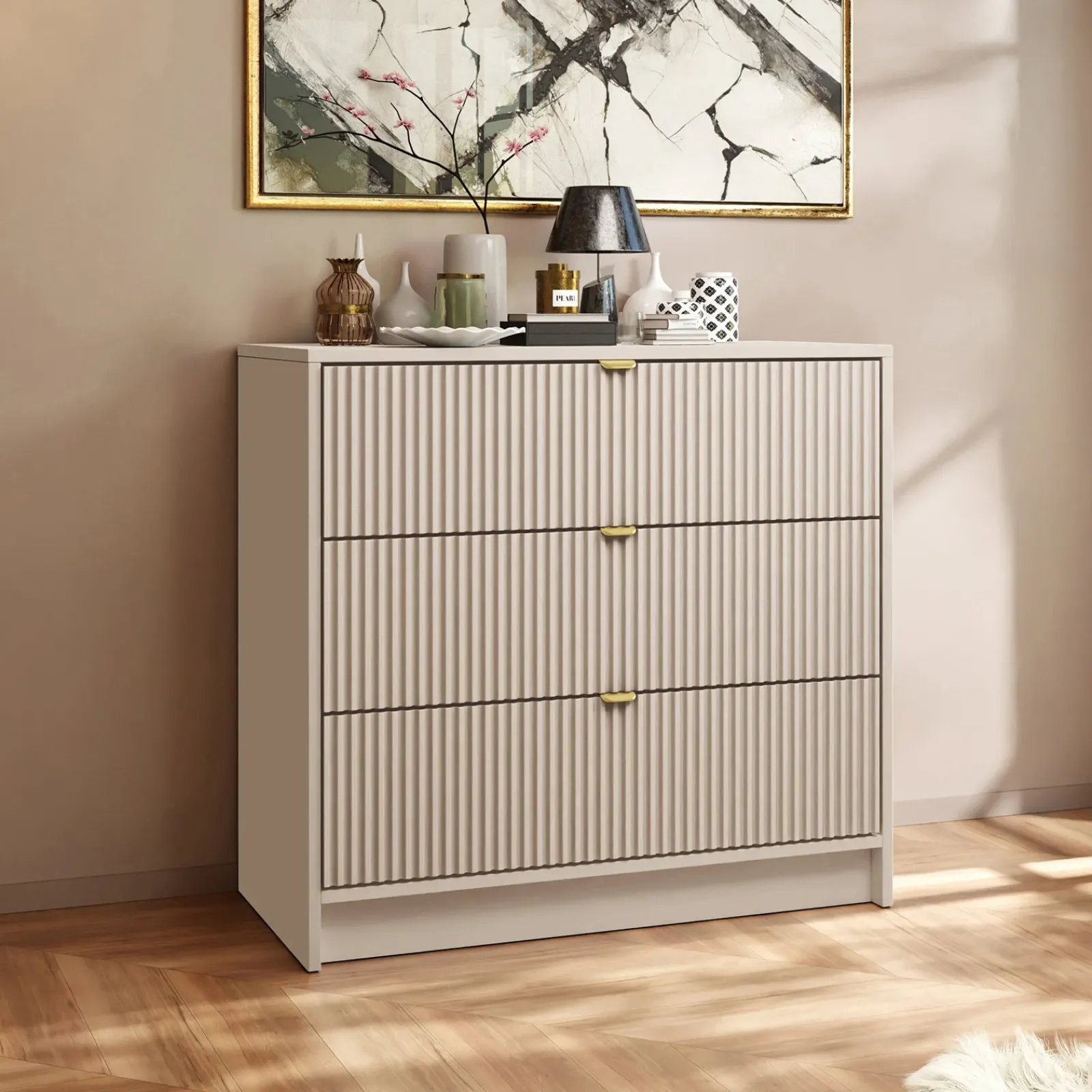 Garnero Arredamenti Cassettiera|Cassettiera-Cassettiera 80x75h cm 3 cassetti moderna Athena Beige