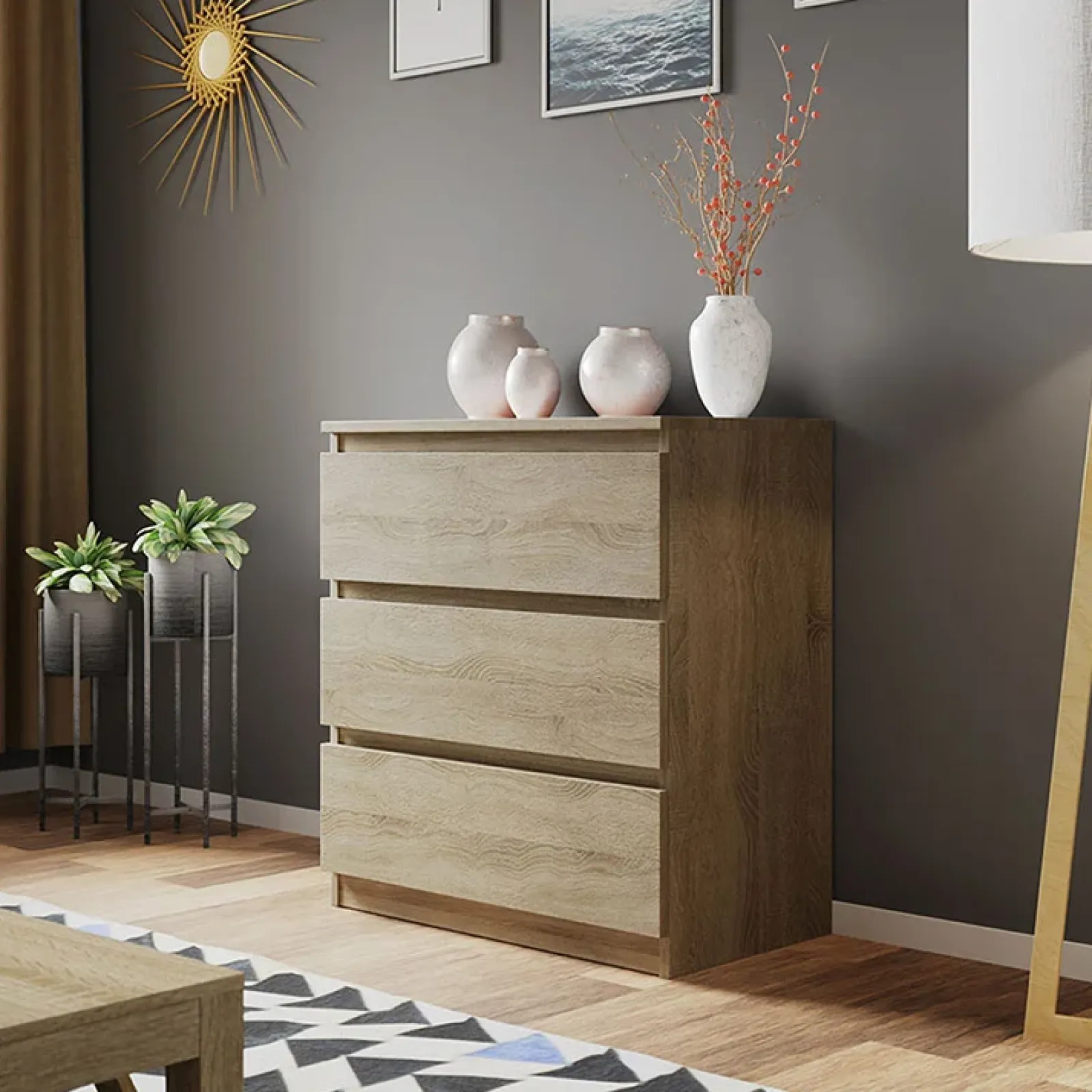 Garnero Arredamenti Comò|Comò-Cassettiera 70x77h cm 3 cassetti moderna Rotterdam Rovere