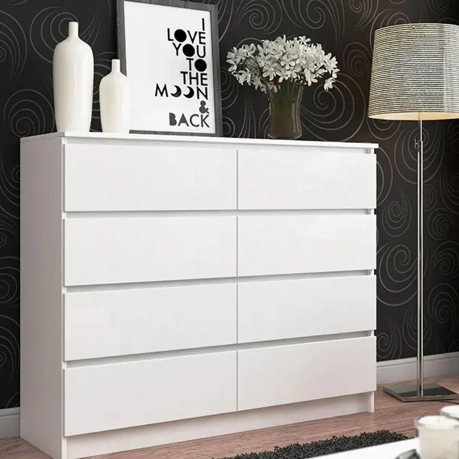 Garnero Arredamenti Cassettiera|Cassettiera-Cassettiera 140x100h cm moderna 8 cassetti bianco Living Bianco Opaco