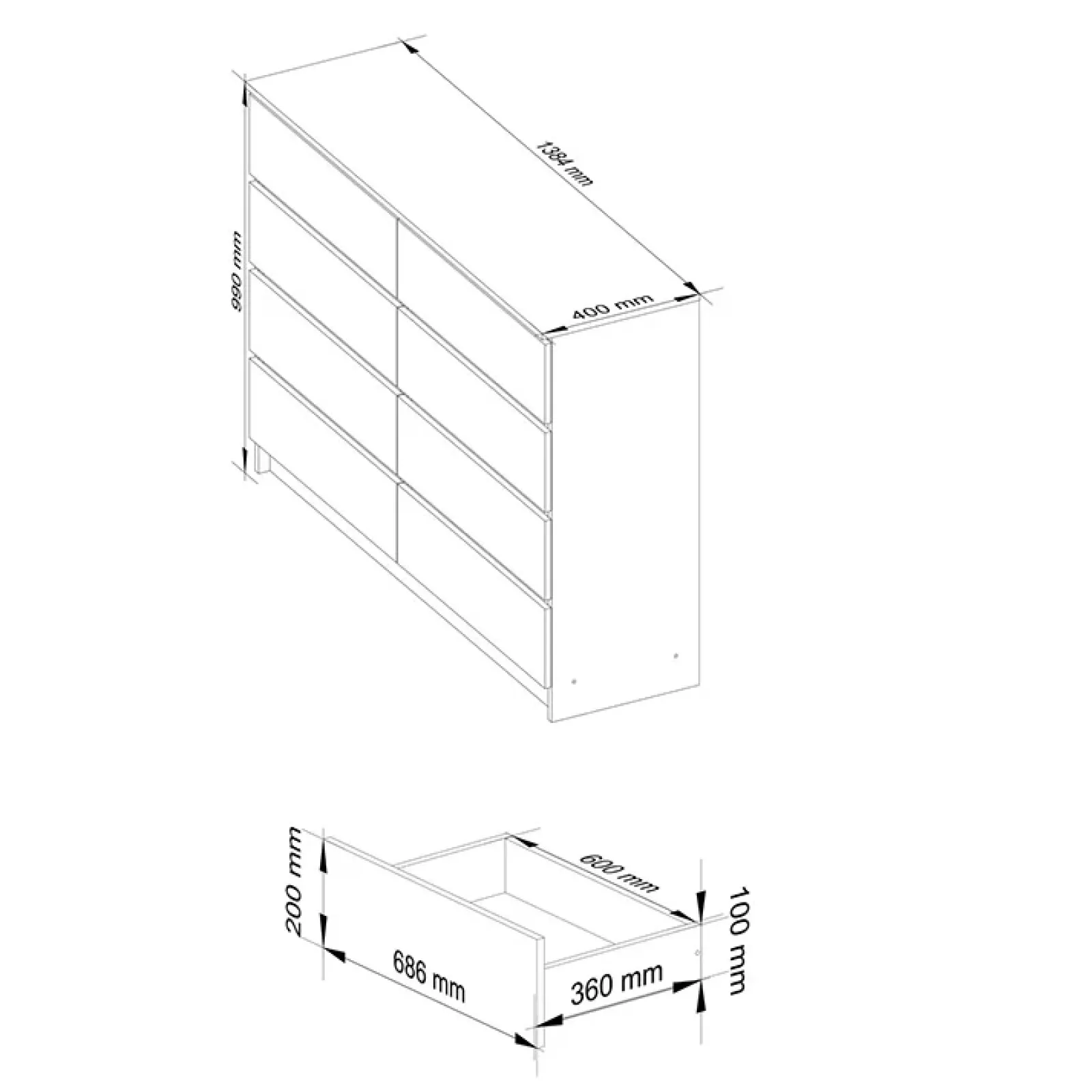 Garnero Arredamenti Cassettiera|Cassettiera-Cassettiera 140x100h cm moderna 8 cassetti bianco Living Bianco Opaco