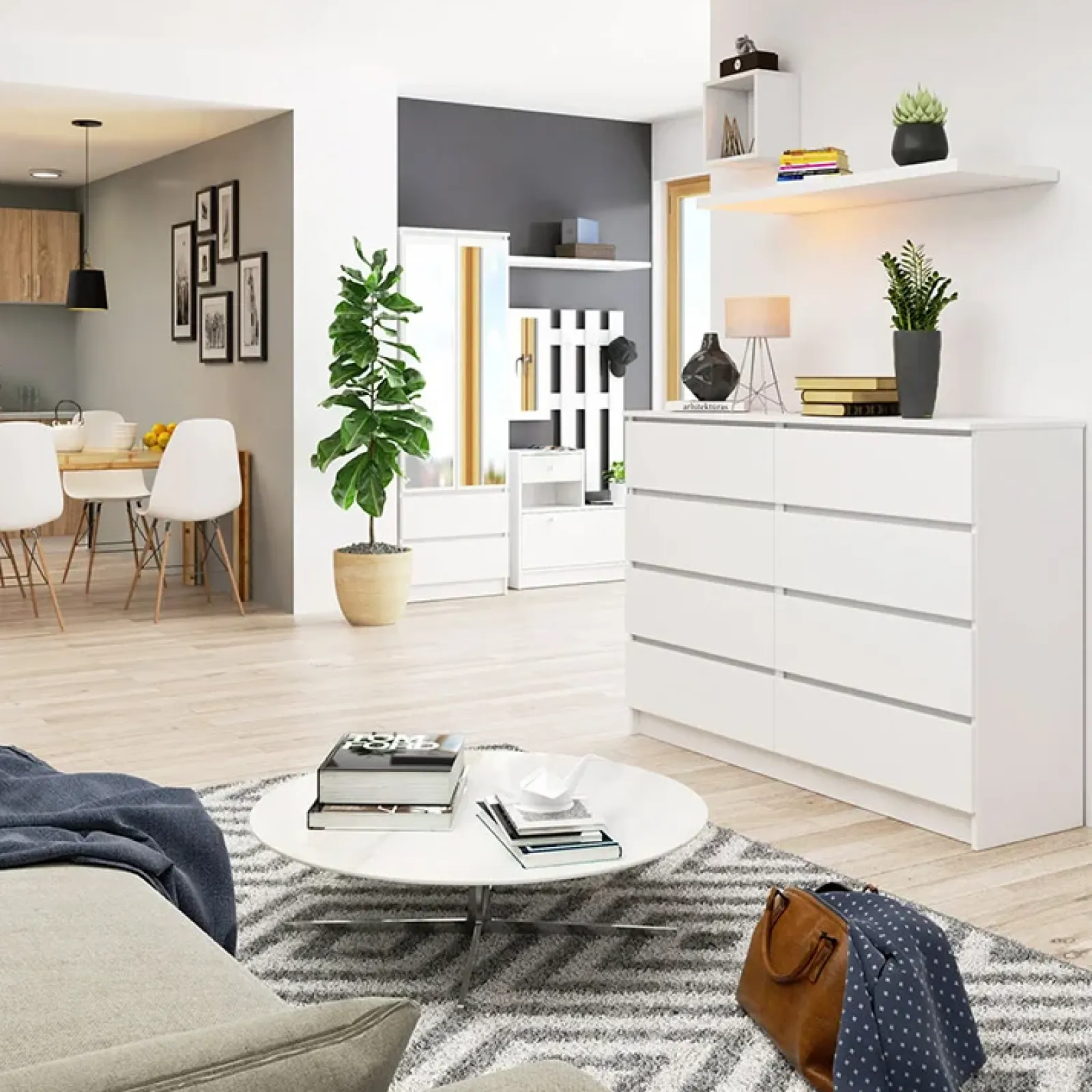 Garnero Arredamenti Cassettiera|Cassettiera-Cassettiera 140x100h cm moderna 8 cassetti bianco Living Bianco Opaco