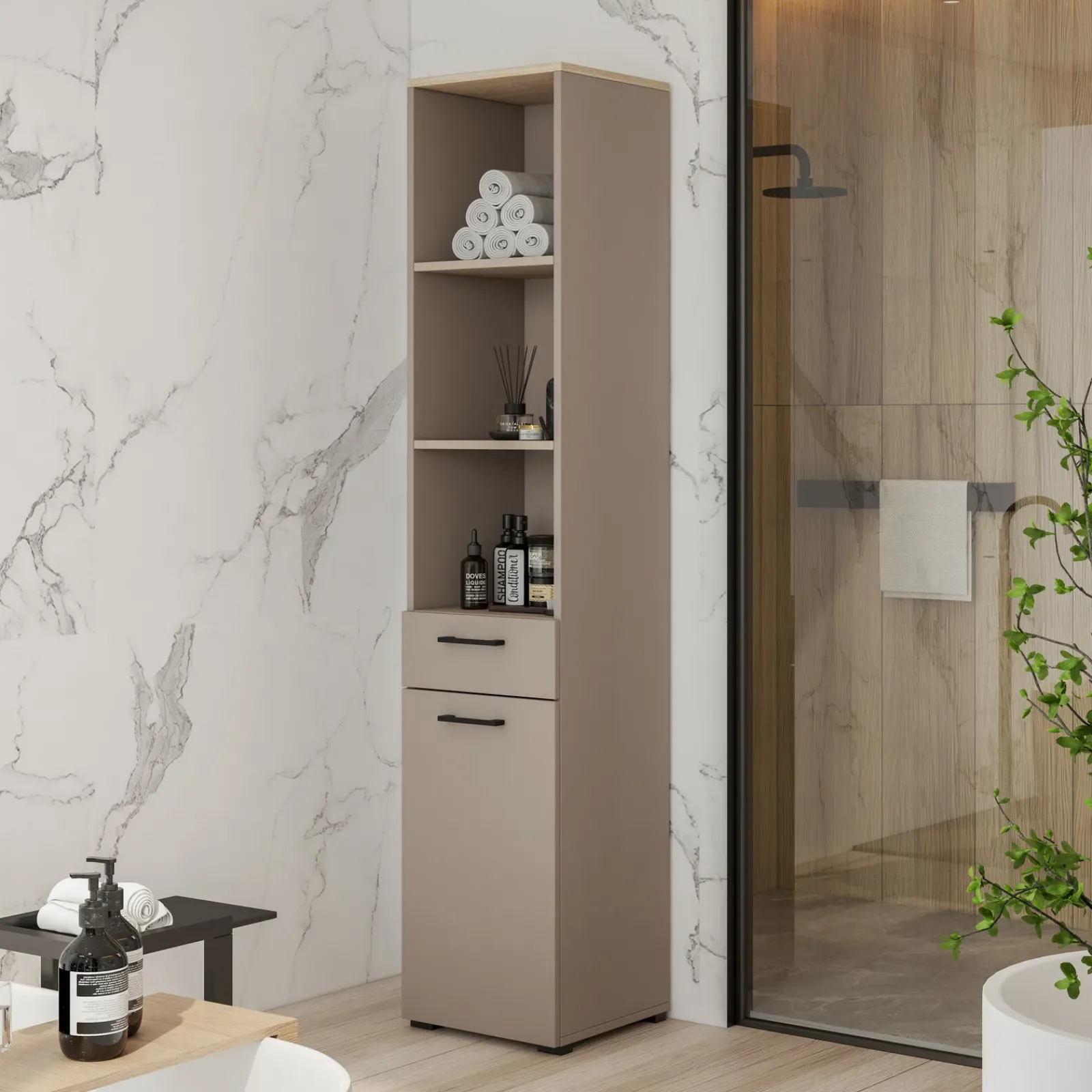 Garnero Arredamenti Colonne Per Bagno-Colonna bagno 40x197h cm 1 anta 1 cassetto beige Wave