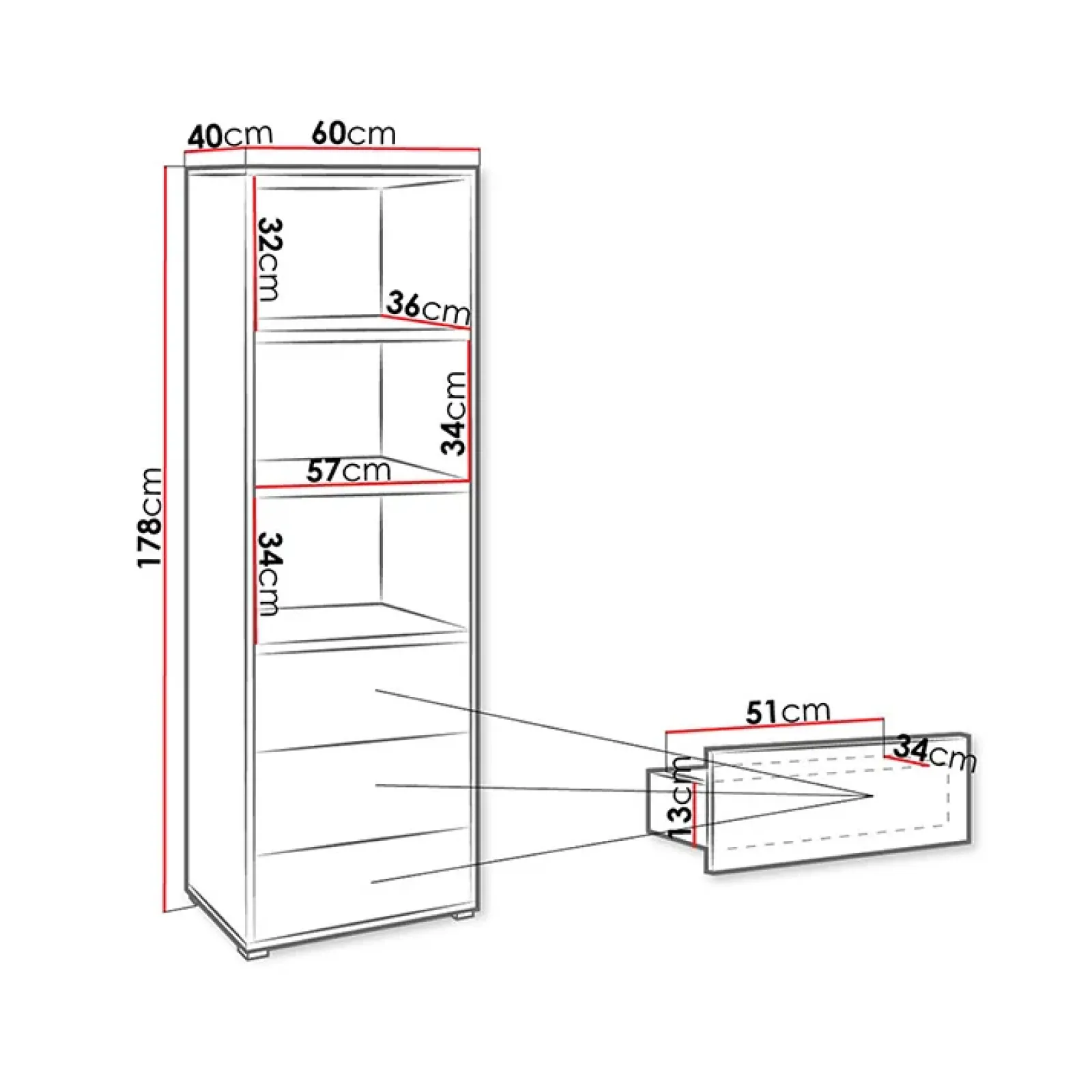 Garnero Arredamenti Credenza Alta-Colonna soggiorno 60x178h cm 3 cassetti 3 vani a giorno bianco Eindhoven