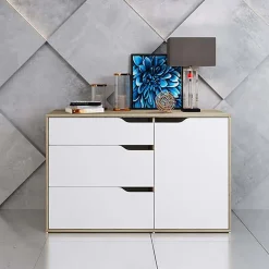 Garnero Arredamenti Comò Cameretta|Comò-Comò 120x71h cm 1 anta 3 cassetti rovere sonoma bianco opaco Varsavia Riga