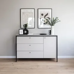 Garnero Arredamenti Comò|Comò-Comò 136x91h cm 1 anta 3 cassetti con LED grigio nero Luna