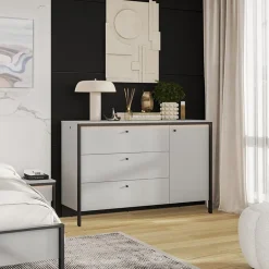 Garnero Arredamenti Comò|Comò-Comò 136x91h cm 1 anta 3 cassetti con LED grigio nero Luna