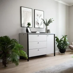 Garnero Arredamenti Comò|Comò-Comò 136x91h cm 1 anta 3 cassetti con LED grigio nero Luna