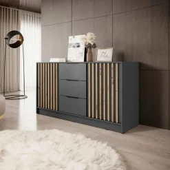 Garnero Arredamenti Comò Cameretta|Comò-Comò 155x86h cm 2 ante con cassetti moderno quercia Miller Antracite