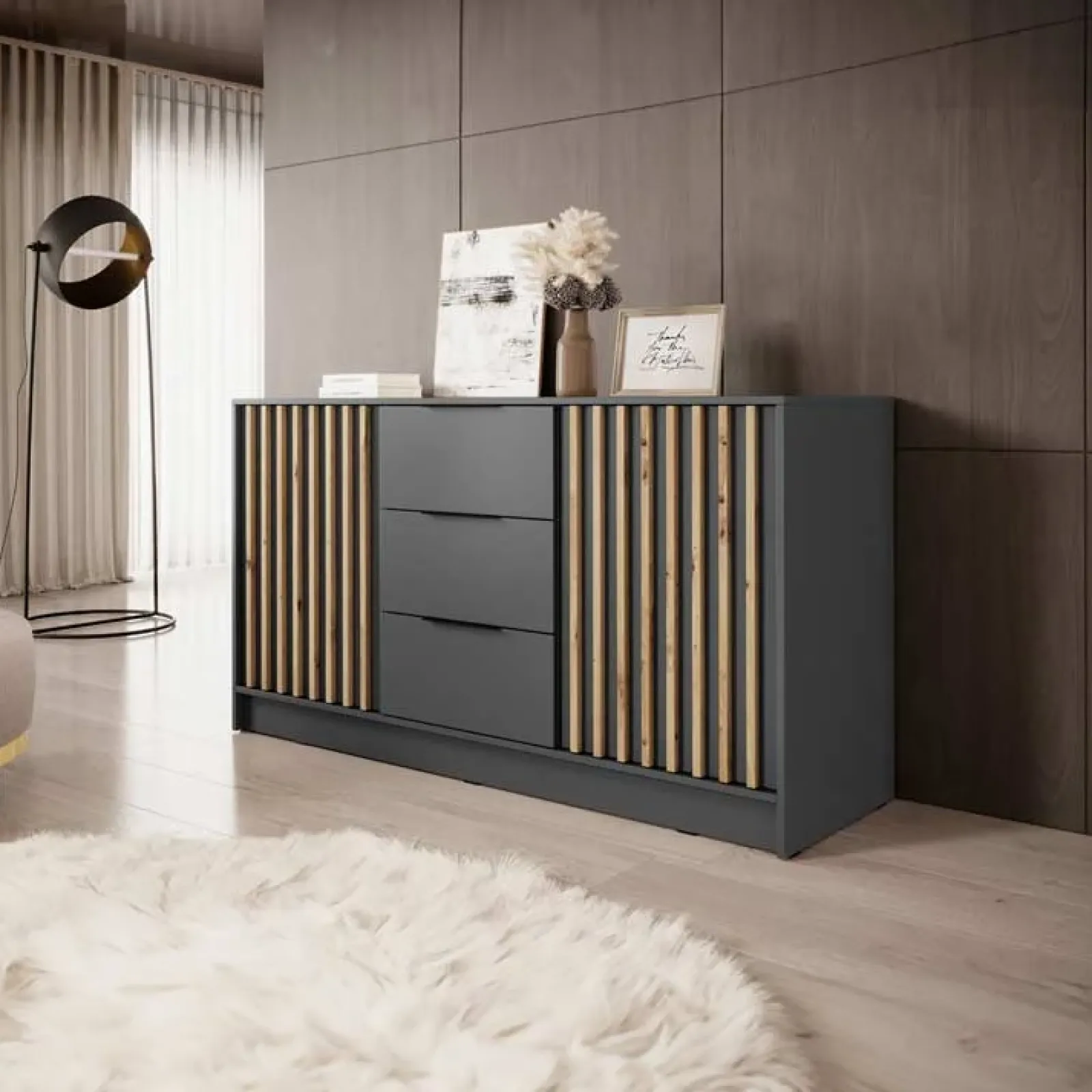 Garnero Arredamenti Comò Cameretta|Comò-Comò 155x86h cm 2 ante con cassetti moderno quercia Miller Antracite