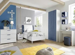 Garnero Arredamenti Comò Cameretta|Comò-Comò 104x80h cm 3 cassetti con maniglie blu moderno bianco Enjoy Bianco Opaco - Blu