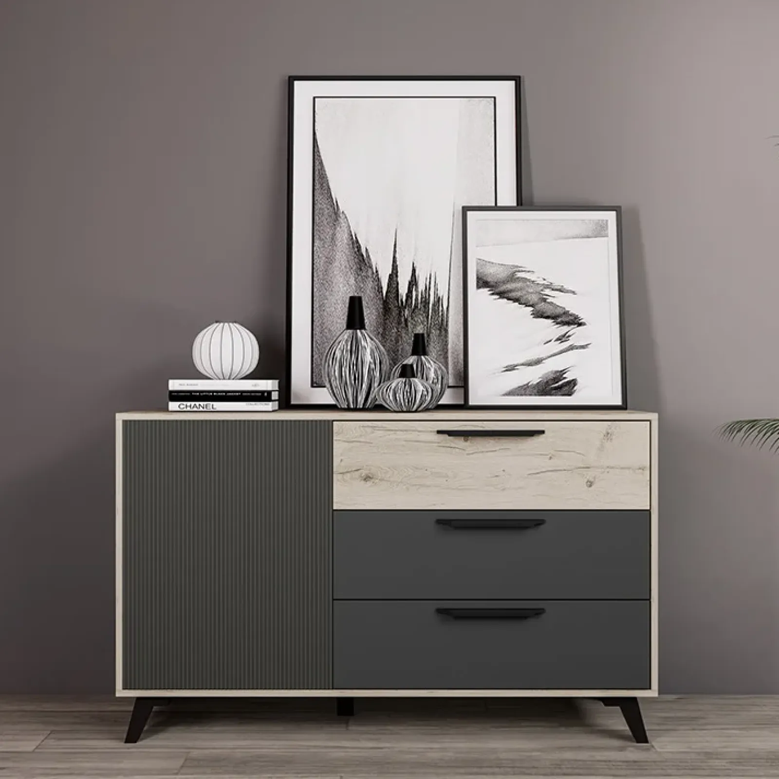 Garnero Arredamenti Comò Cameretta|Comò-Comò 130x80h cm 3 cassetti moderno rovere antracite opaco Urbino