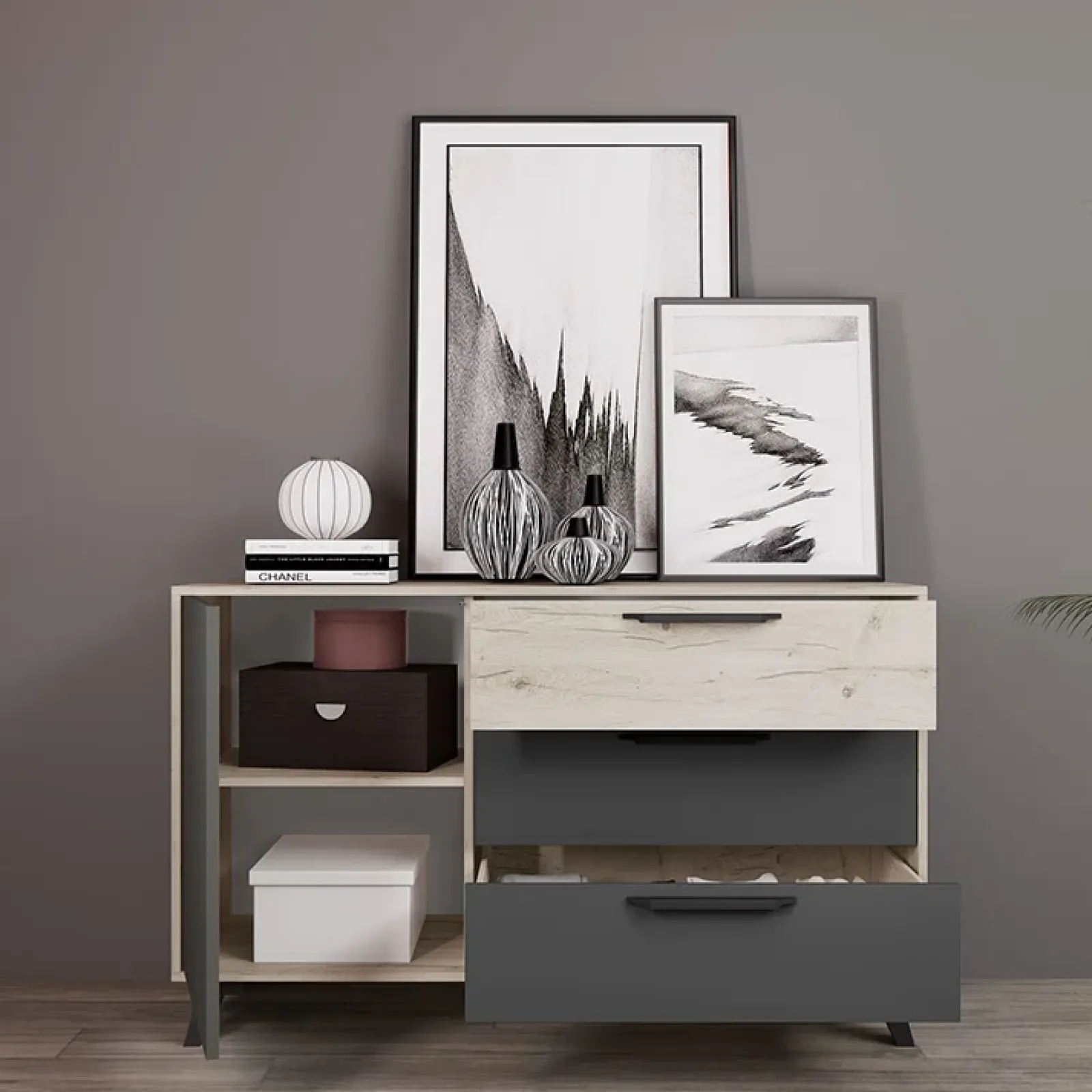 Garnero Arredamenti Comò Cameretta|Comò-Comò 130x80h cm 3 cassetti moderno rovere antracite opaco Urbino