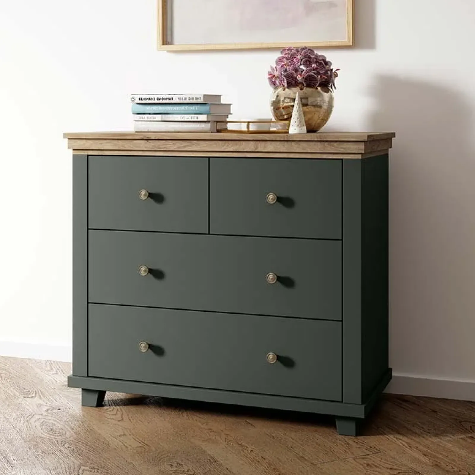 Garnero Arredamenti Comò Cameretta|Comò-Comò 90x81h cm 4 cassetti moderno verde quercia Texel