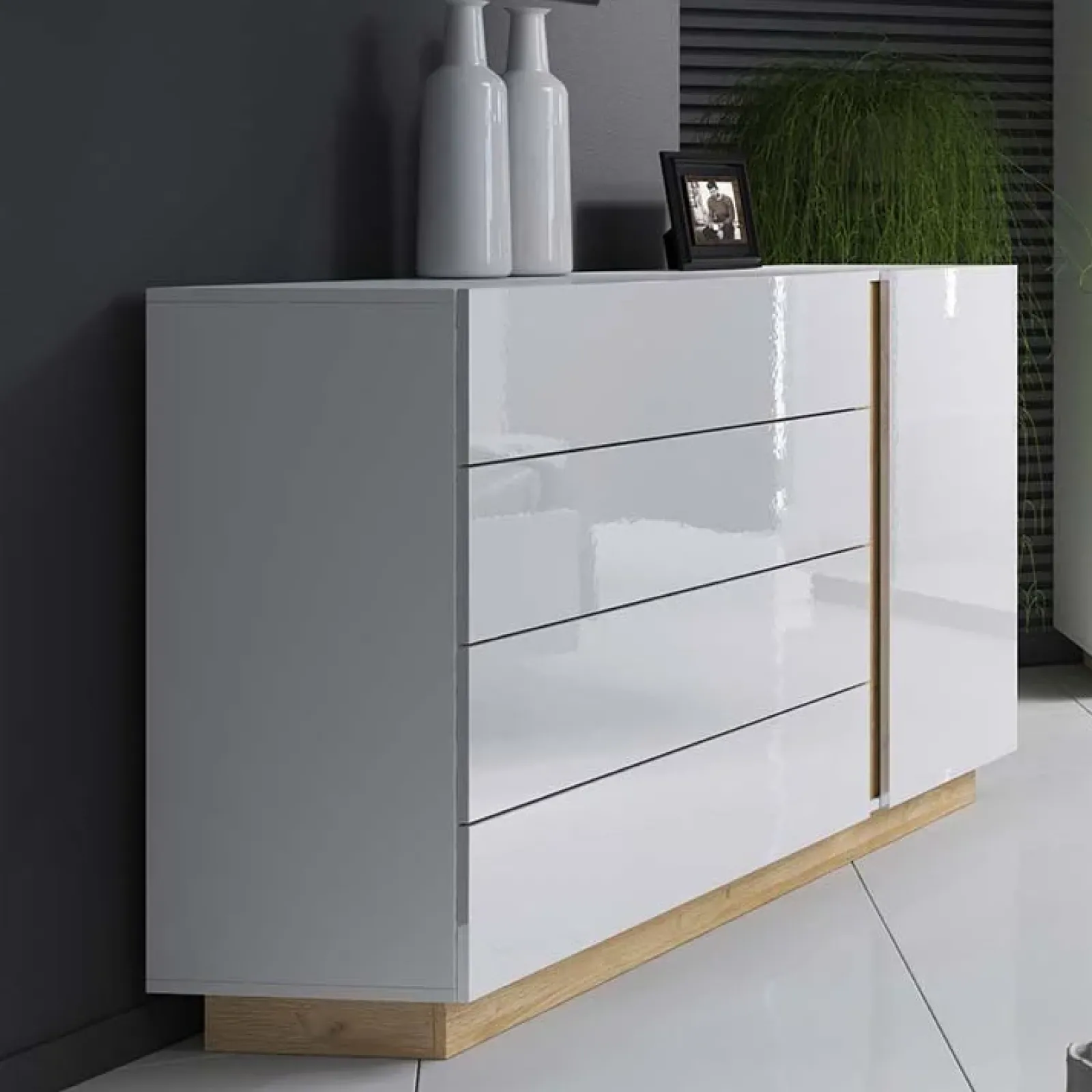 Garnero Arredamenti Comò Cameretta|Comò-Comò 138x91h cm con cassetti moderno bianco lucido rovere Noa