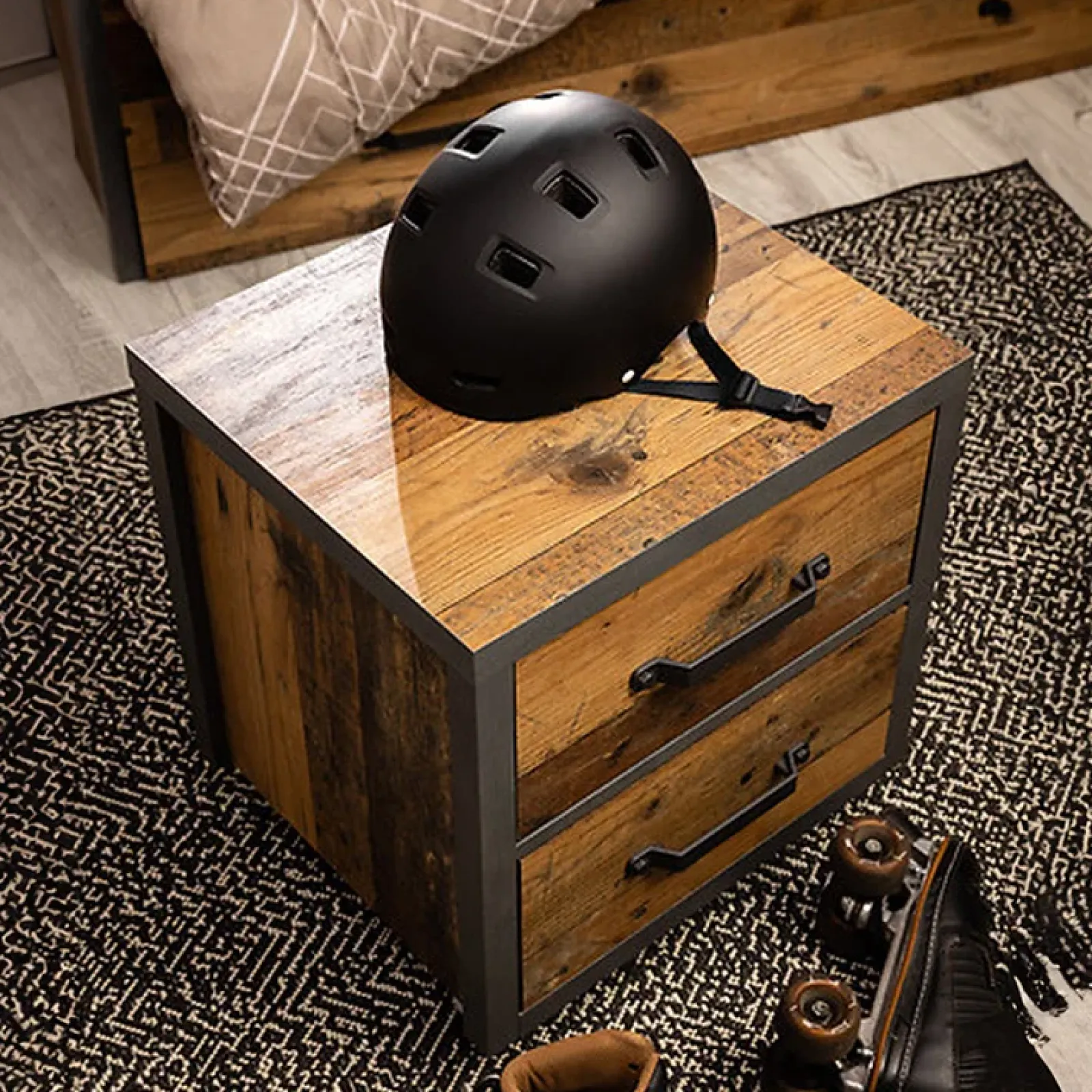 Garnero Arredamenti Comodini Cameretta|Comò-Comodino 46x51h cm 2 cassetti stile soft rovere scuro nero Urbania