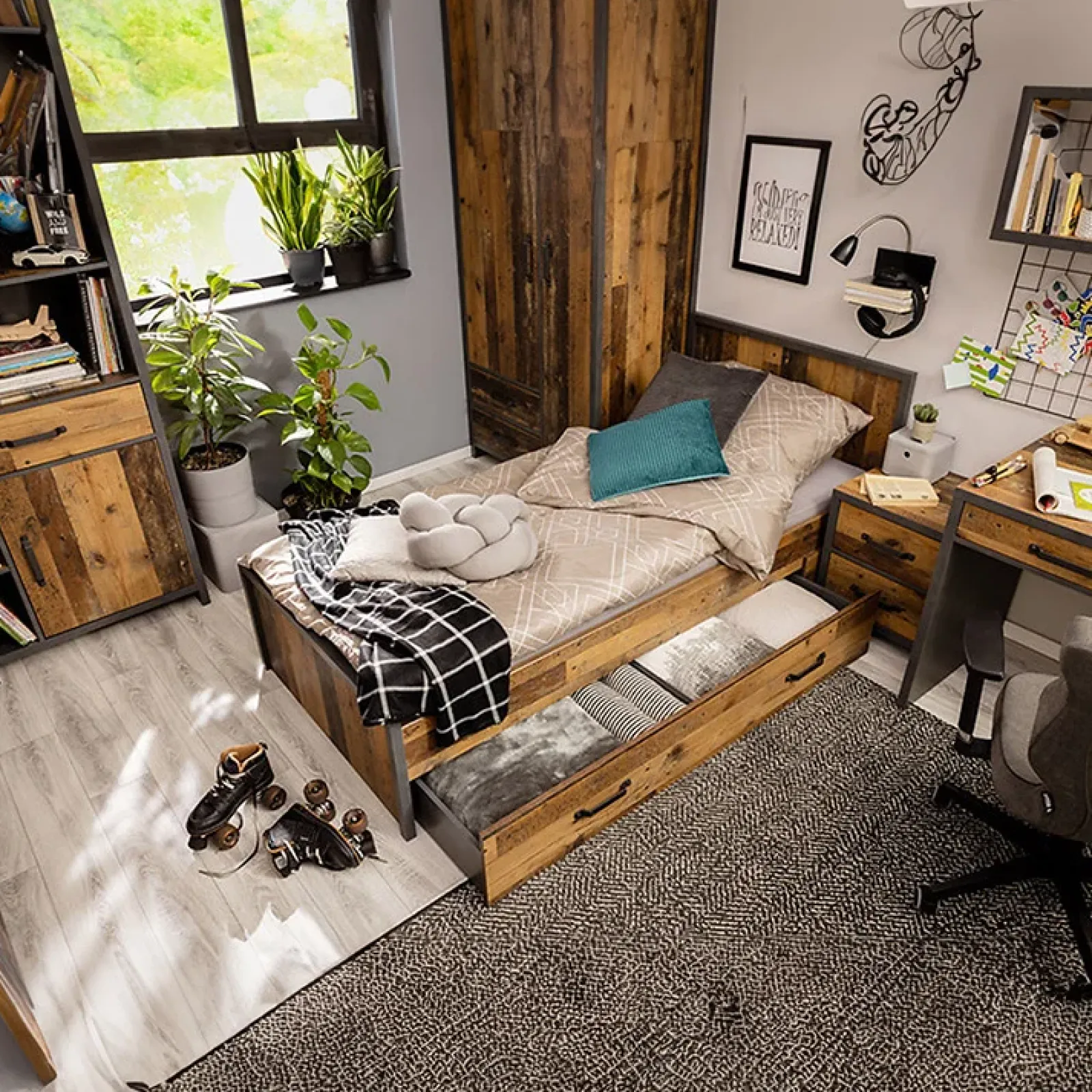 Garnero Arredamenti Comodini Cameretta|Comò-Comodino 46x51h cm 2 cassetti stile soft rovere scuro nero Urbania