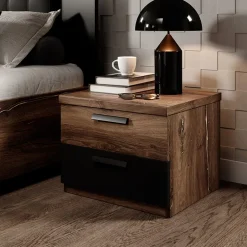 Garnero Arredamenti Comodini|Comò-Comodino 46x37h cm 2 cassetti moderno quercia scuro nero Vulcano Noce