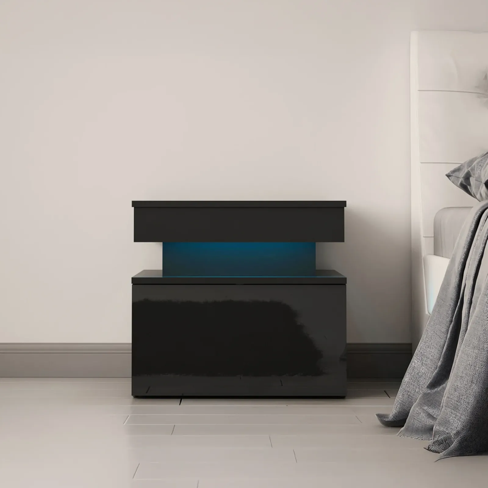 Garnero Arredamenti Comodini|Comò-Comodino 55x51h cm 1 cassetto con LED nero Lumus Nero Lucido