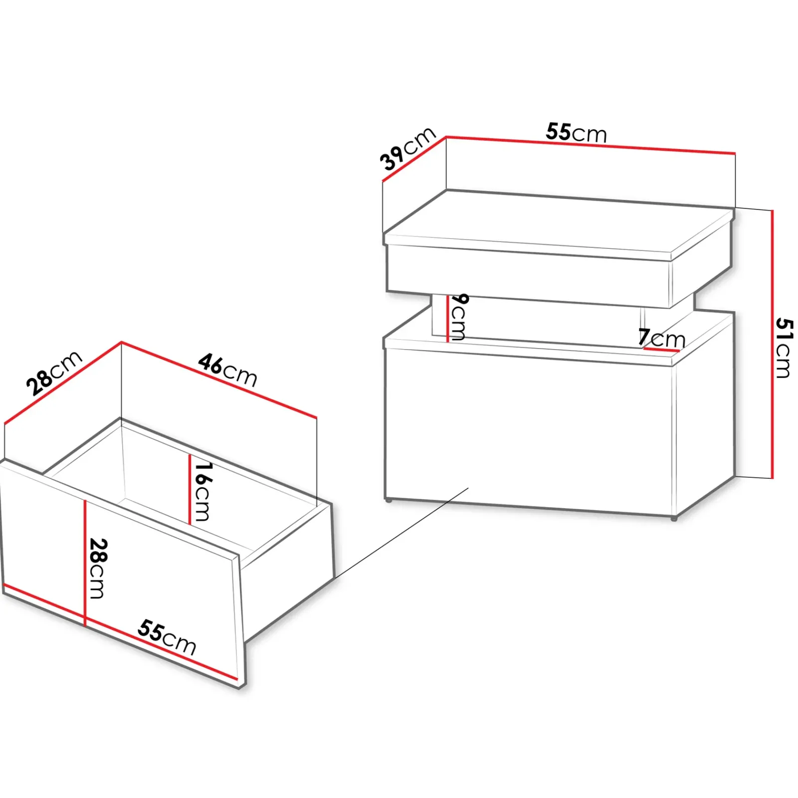 Garnero Arredamenti Comodini|Comò-Comodino 55x51h cm 1 cassetto con LED nero Lumus Nero Lucido