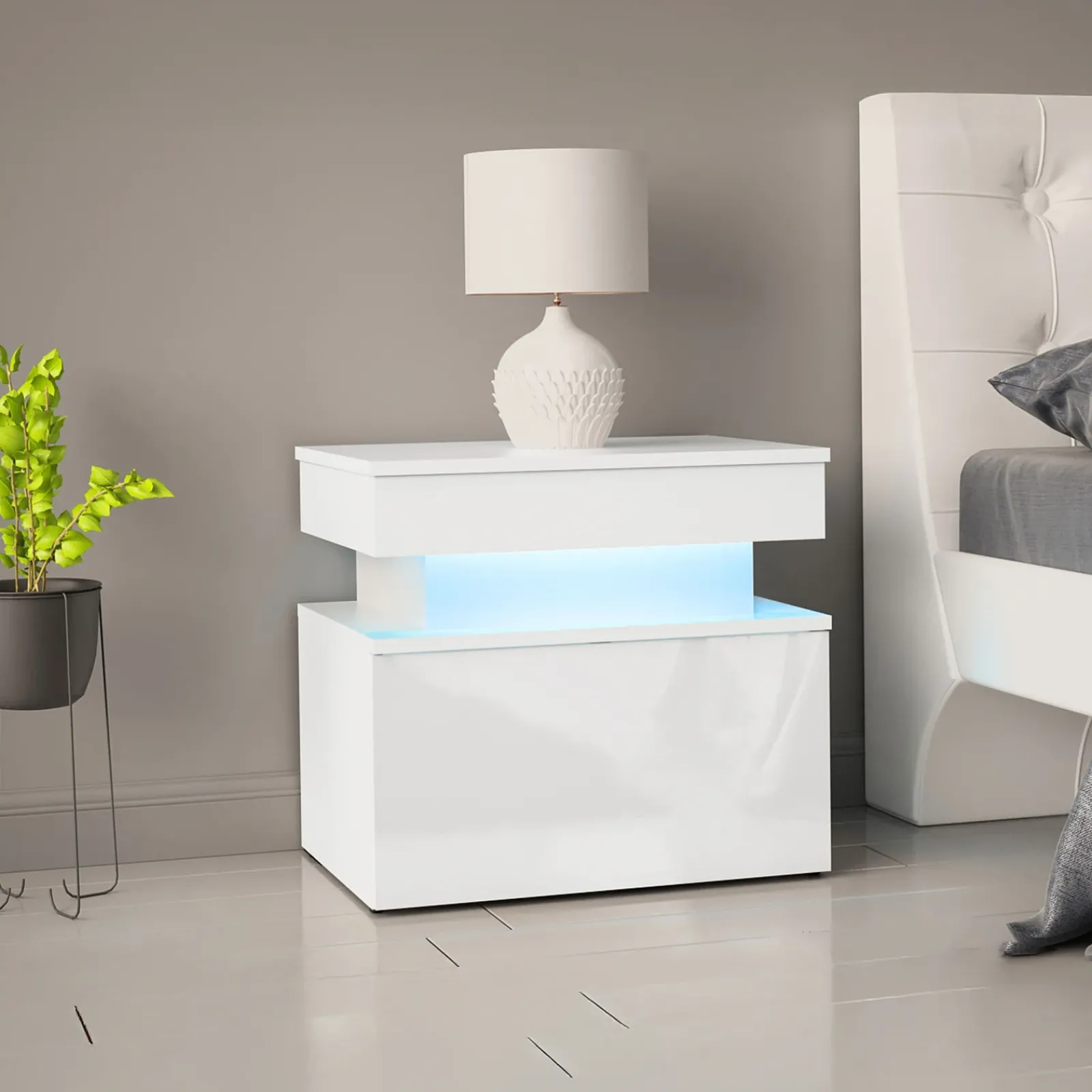 Garnero Arredamenti Comodini|Comò-Comodino 55x51h cm 1 cassetto con LED bianco Lumus Bianco Lucido