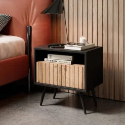 Garnero Arredamenti Comodini Cameretta|Comò-Comodino 47x48h cm moderno cannettato rovere nero Celestia Rovere Rustico - Nero opaco