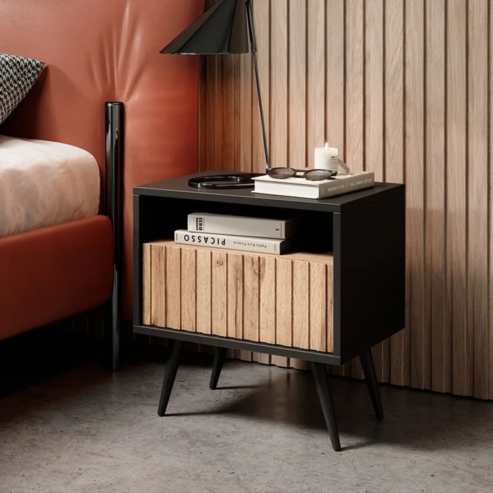 Garnero Arredamenti Comodini Cameretta|Comò-Comodino 47x48h cm moderno cannettato rovere nero Celestia Rovere Rustico - Nero opaco