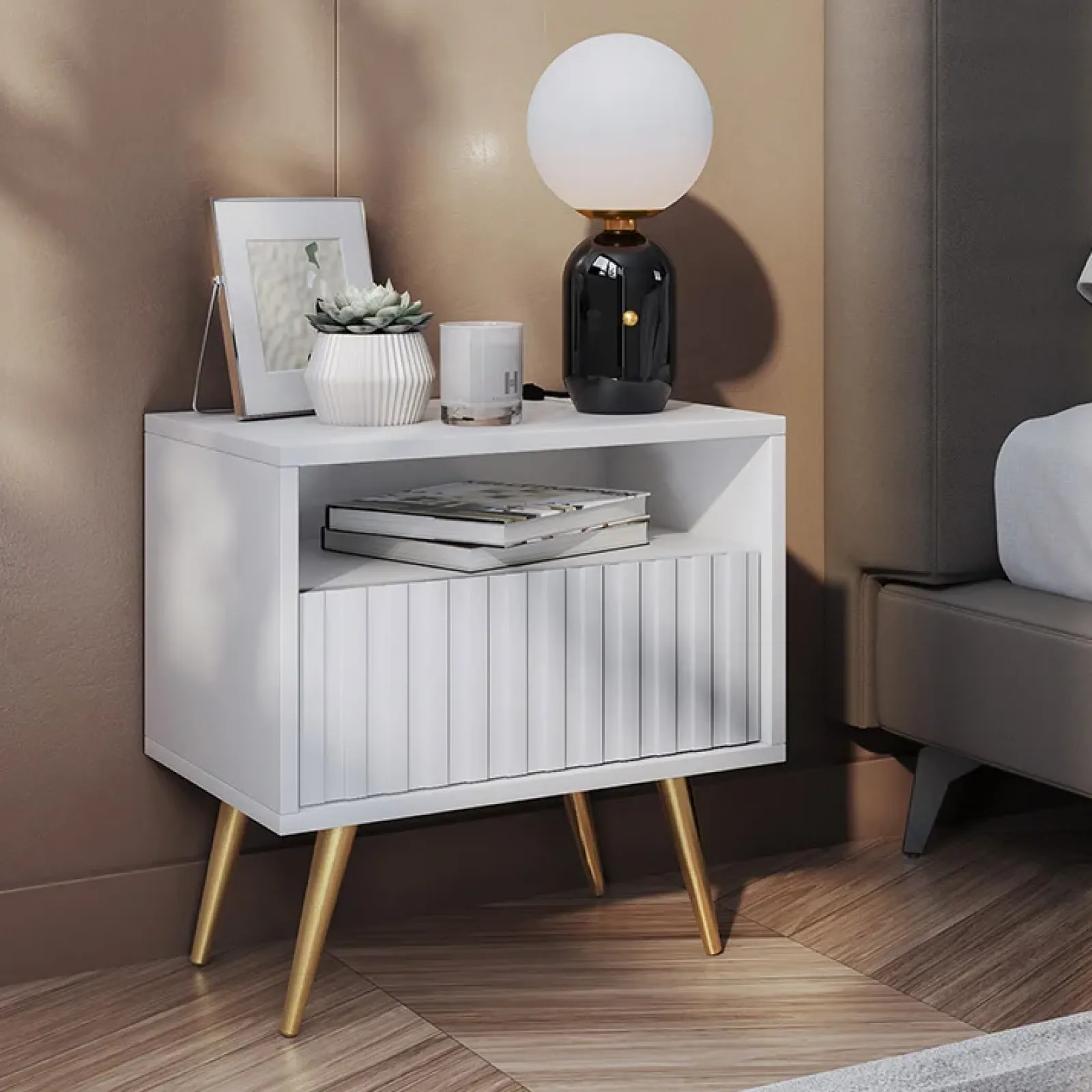 Garnero Arredamenti Comodini Cameretta|Comò-Comodino 47x48h cm moderno cannettato bianco Celestia Bianco Opaco